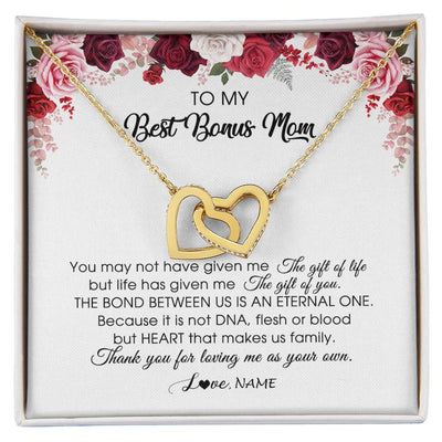 Interlocking Hearts Necklace 18K Yellow Gold Finish | Personalized To My Best Bonus Mom Necklace from Daughter Thank You For Loving Me Stepmom Jewelry Birthday Mothers Day Christmas Customized Message Card | teecentury