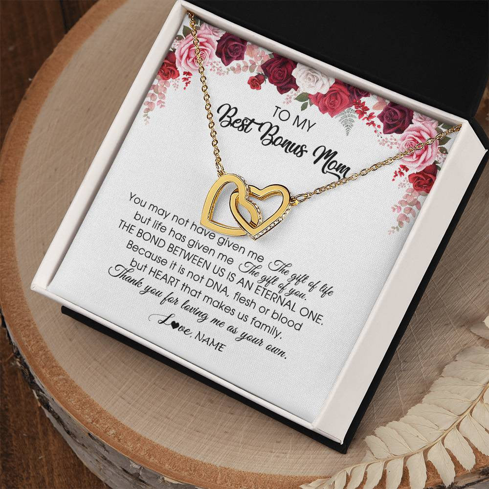 Interlocking Hearts Necklace 18K Yellow Gold Finish | Personalized To My Best Bonus Mom Necklace from Daughter Thank You For Loving Me Stepmom Jewelry Birthday Mothers Day Christmas Customized Message Card | teecentury
