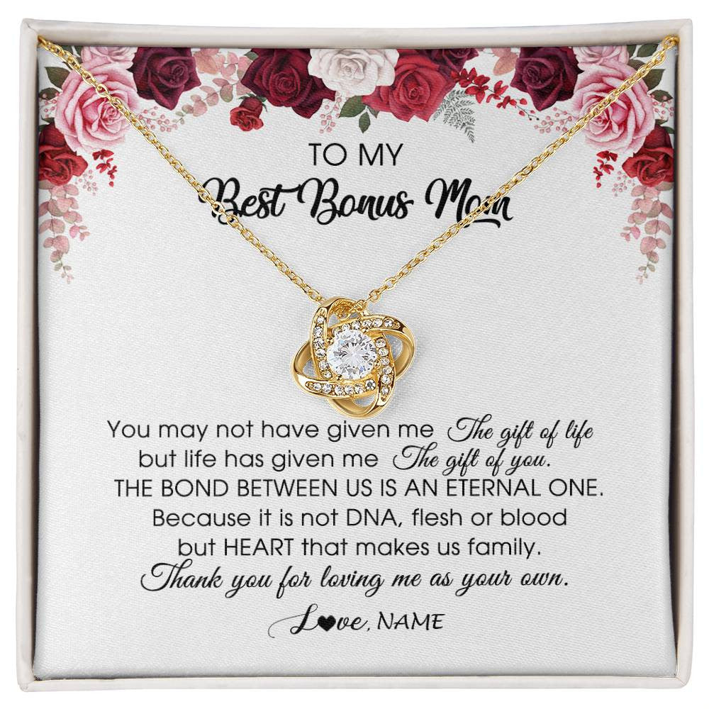 Love Knot Necklace 18K Yellow Gold Finish | Personalized To My Best Bonus Mom Necklace from Daughter Thank You For Loving Me Stepmom Jewelry Birthday Mothers Day Christmas Customized Message Card | teecentury