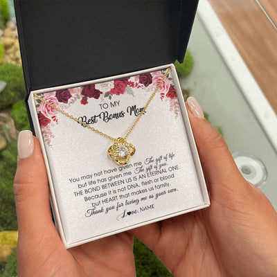 Love Knot Necklace 18K Yellow Gold Finish | Personalized To My Best Bonus Mom Necklace from Daughter Thank You For Loving Me Stepmom Jewelry Birthday Mothers Day Christmas Customized Message Card | teecentury