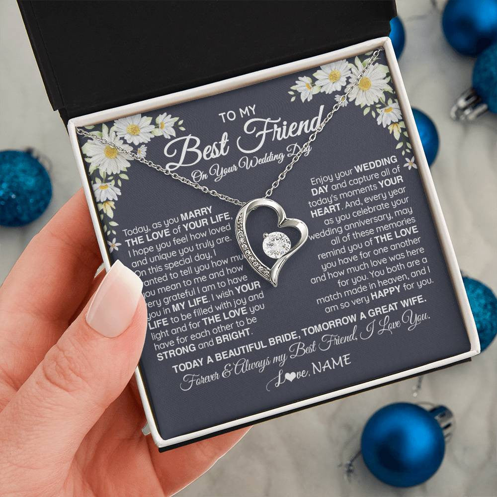 Forever Love Necklace 14K White Gold Finish | 2 | Personalized To My Best Friend On Her Wedding Day Necklace Bride Gifts From Maid Of Honor Always My Best Friend Gifts Jewelry Customized Gift Box Message Card | teecentury