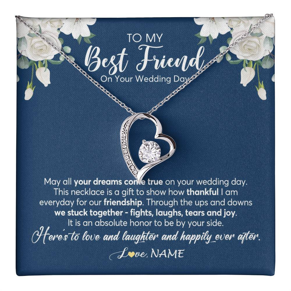 Forever Love Necklace 14K White Gold Finish | 1 | Personalized To My Best Friend On Her Wedding Day Necklace Bride Gifts From Maid Of Honor Thankful Best Friend Jewelry Customized Gift Box Message Card | teecentury
