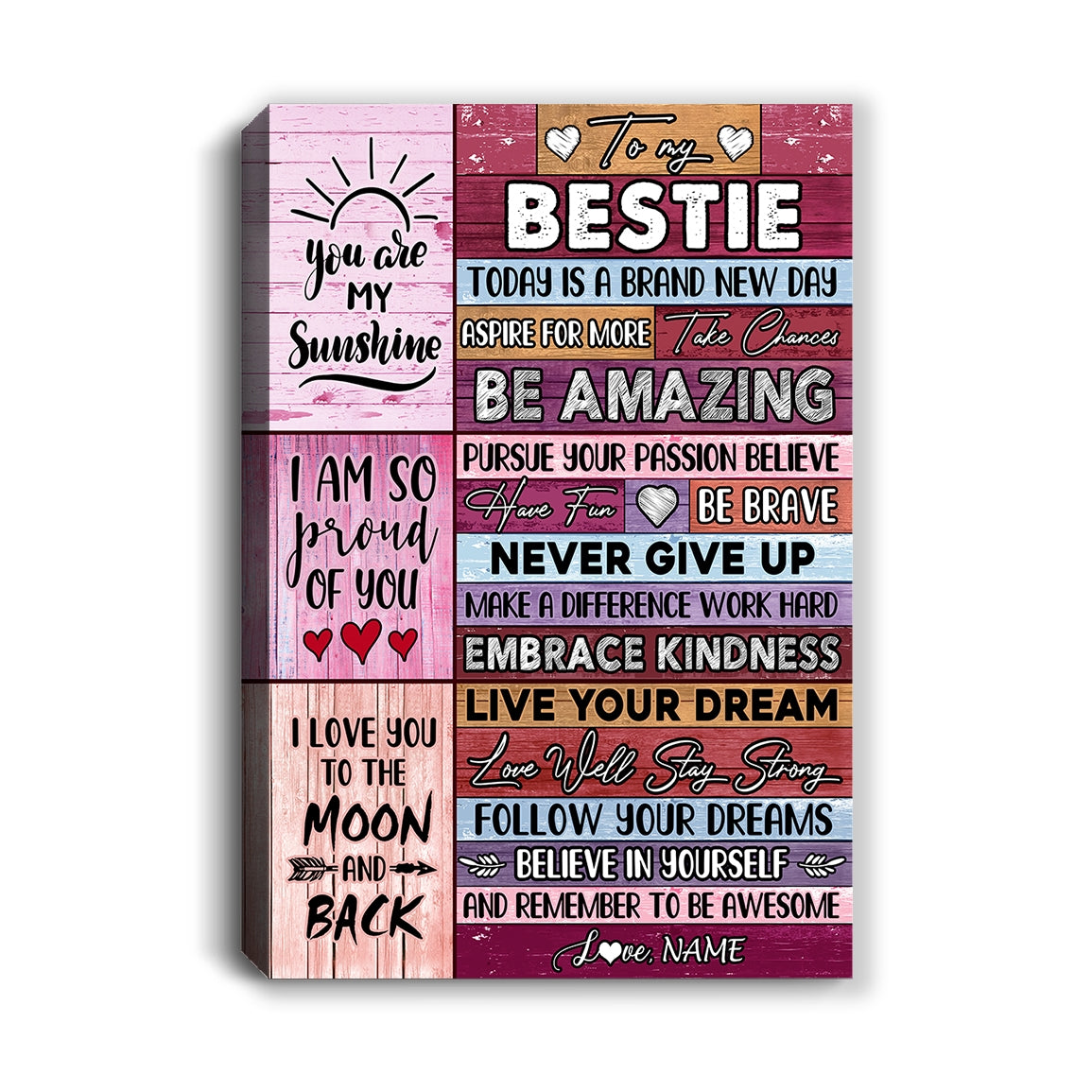 Personalized To My Bestie Canvas From Best Friend Sister Never Give Up Live Your Dream Pink Wood Bestie Birthday Christmas Custom Wall Art Print Home Decor Framed Canvas | teecentury