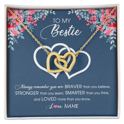 Interlocking Hearts Necklace 18K Yellow Gold Finish | Personalized To My Bestie Necklace From Friend Sister Braver Stronger Smarter Loved Best Friend Jewelry Birthday Graduation Christmas Customized Message Card | teecentury