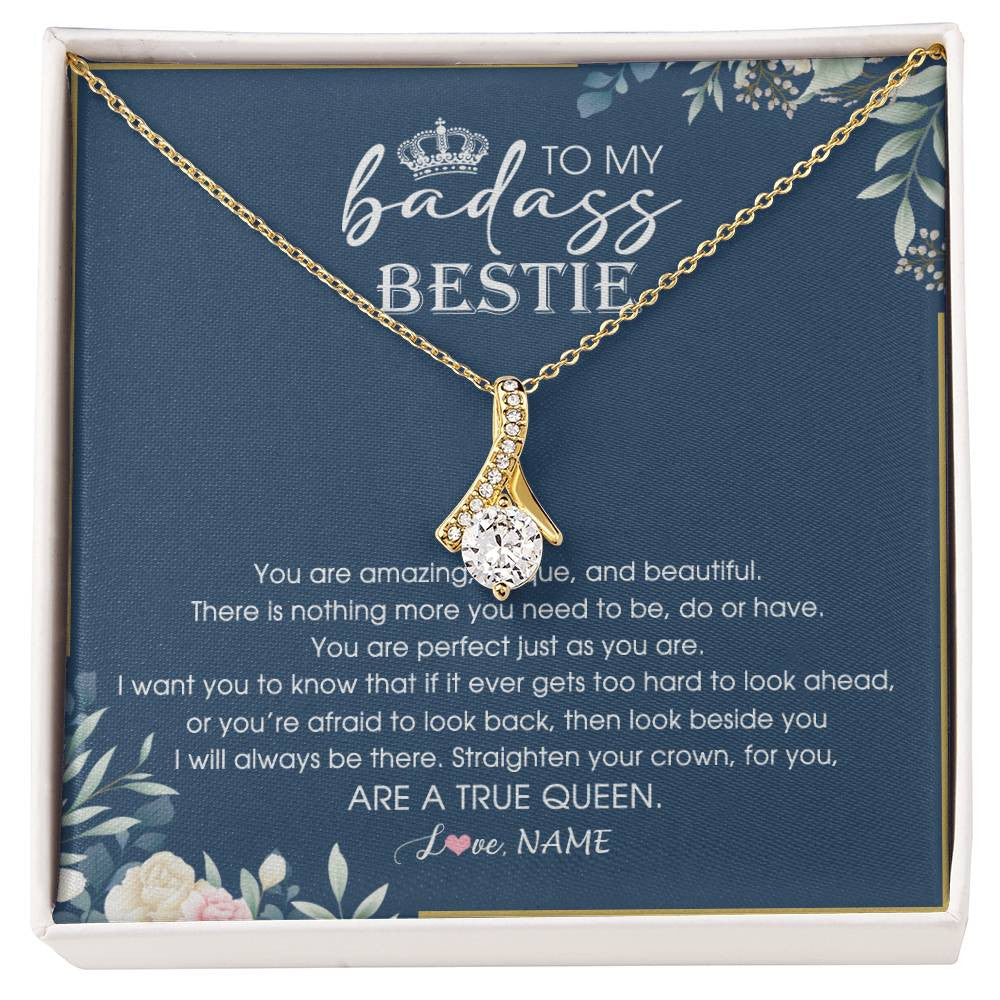Alluring Beauty Necklace 18K Yellow Gold Finish | Personalized To My Bestie Necklace From Friend Sister Straighten Your Crown Queen Sister Pendant Jewelry Birthday Christmas Customized Gift Box Message Card | teecentury