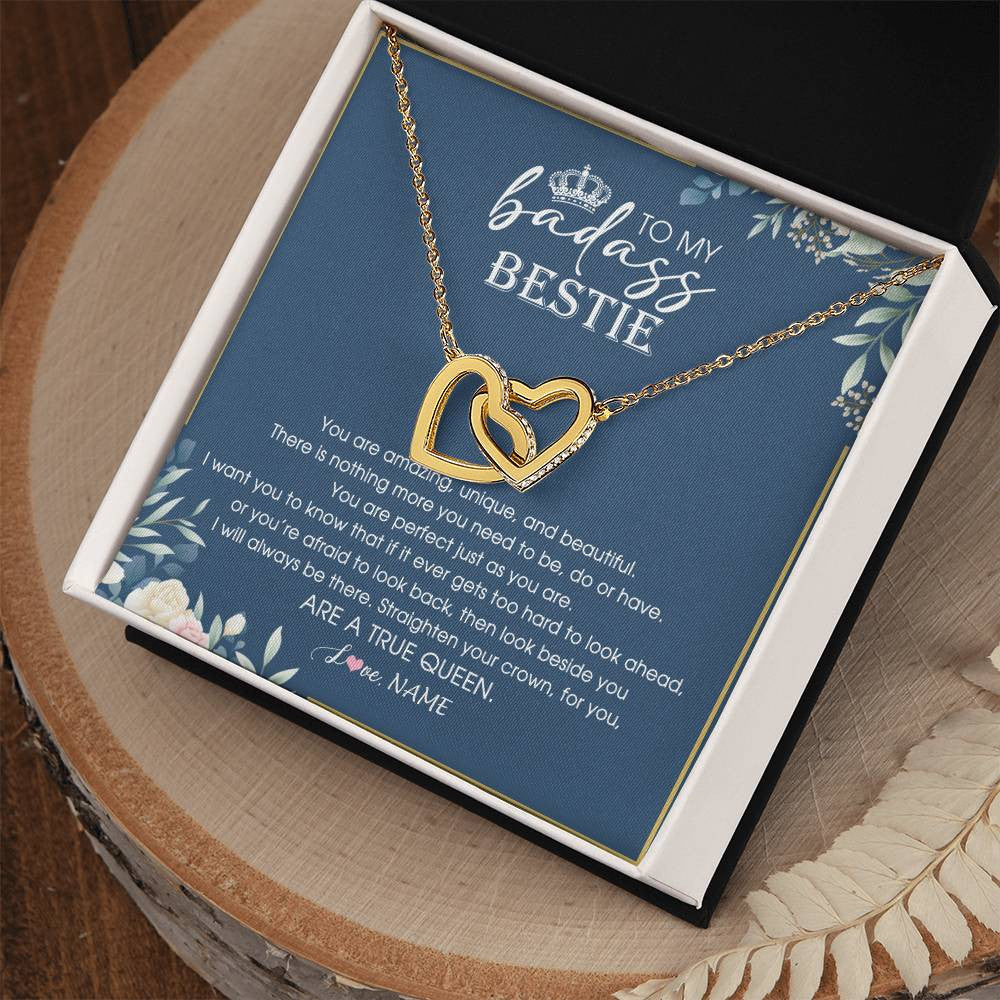 Interlocking Hearts Necklace 18K Yellow Gold Finish | Personalized To My Bestie Necklace From Friend Sister Straighten Your Crown Queen Sister Pendant Jewelry Birthday Christmas Customized Gift Box Message Card | teecentury