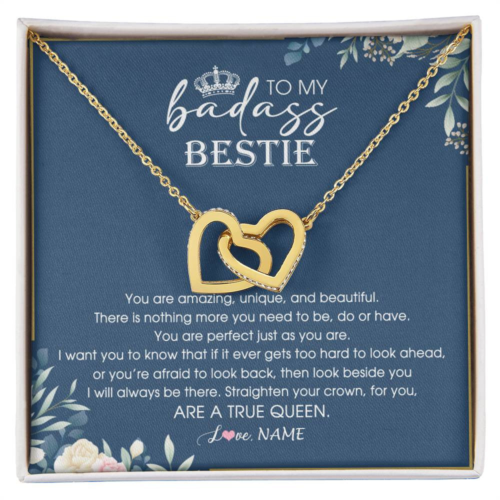 Interlocking Hearts Necklace 18K Yellow Gold Finish | Personalized To My Bestie Necklace From Friend Sister Straighten Your Crown Queen Sister Pendant Jewelry Birthday Christmas Customized Gift Box Message Card | teecentury