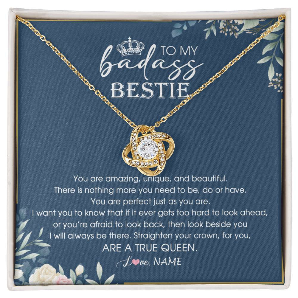Love Knot Necklace 18K Yellow Gold Finish | Personalized To My Bestie Necklace From Friend Sister Straighten Your Crown Queen Sister Pendant Jewelry Birthday Christmas Customized Gift Box Message Card | teecentury