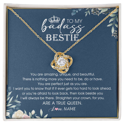 Love Knot Necklace 18K Yellow Gold Finish | Personalized To My Bestie Necklace From Friend Sister Straighten Your Crown Queen Sister Pendant Jewelry Birthday Christmas Customized Gift Box Message Card | teecentury