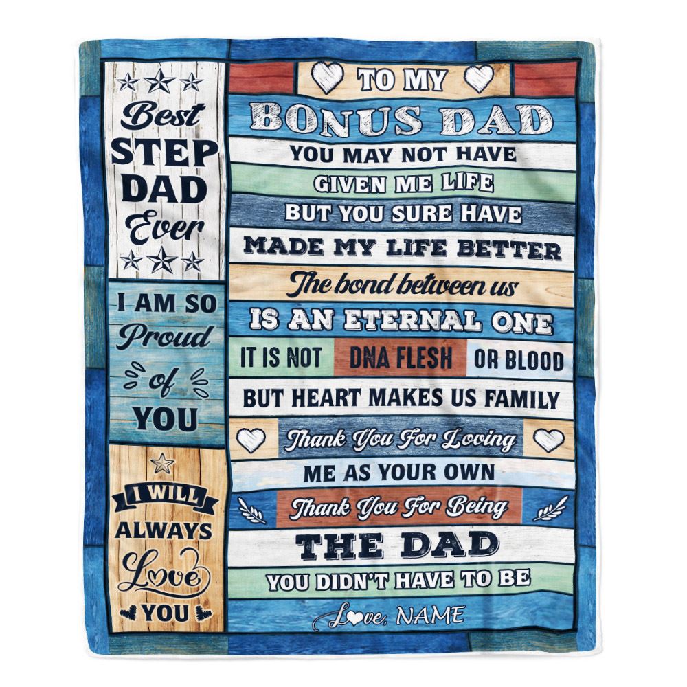 Personalized To My Bonus Dad Blanket From Step Daughter Son Wood Best Gifts For Great Stepdad Birthday Fathers Day Christmas Customized Fleece Throw Blanket | teecentury