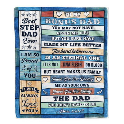 Personalized To My Bonus Dad Blanket From Step Daughter Son Wood Best Gifts For Great Stepdad Birthday Fathers Day Christmas Customized Fleece Throw Blanket | teecentury