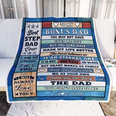Personalized To My Bonus Dad Blanket From Step Daughter Son Wood Best Gifts For Great Stepdad Birthday Fathers Day Christmas Customized Fleece Throw Blanket | teecentury