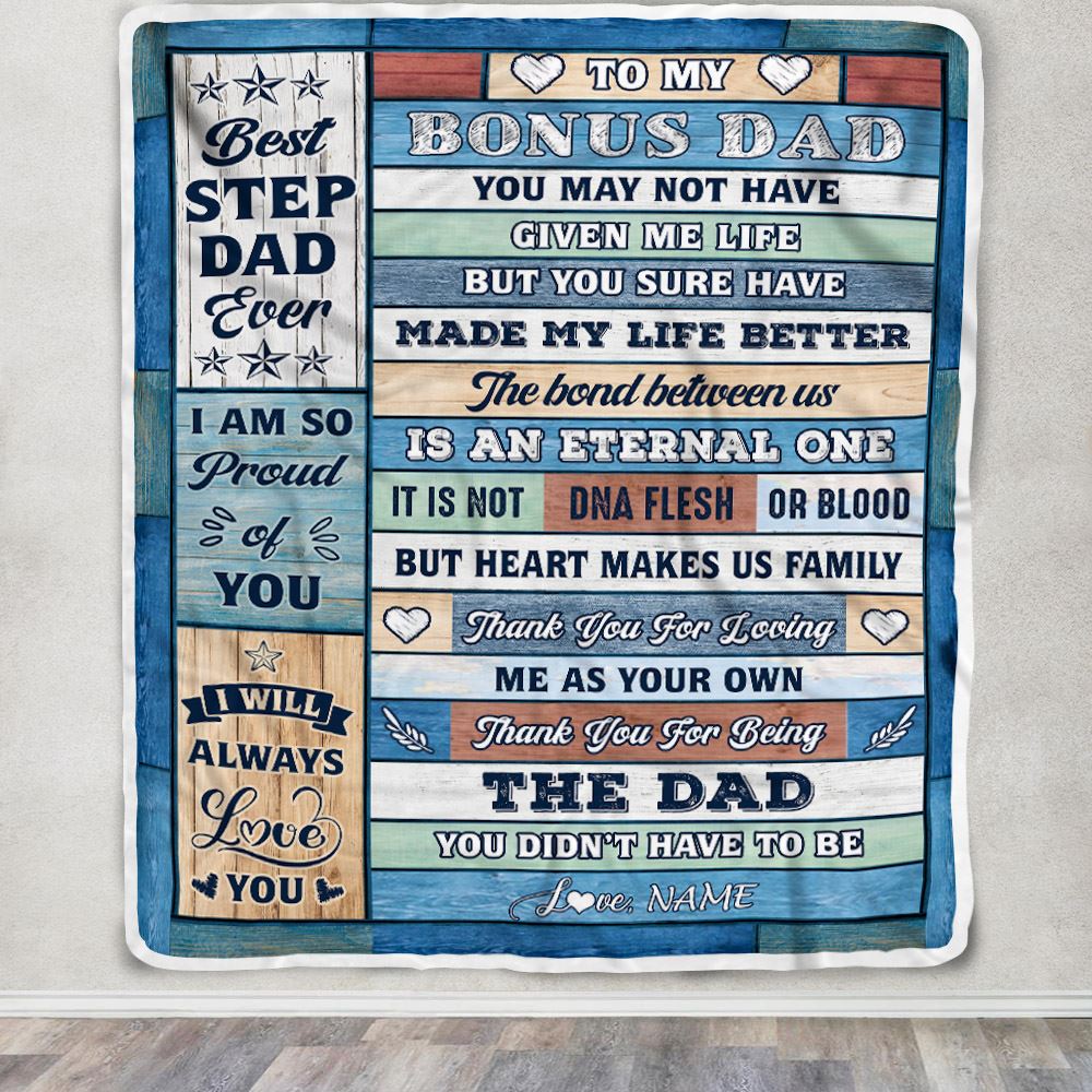 Personalized To My Bonus Dad Blanket From Step Daughter Son Wood Best Gifts For Great Stepdad Birthday Fathers Day Christmas Customized Fleece Throw Blanket | teecentury