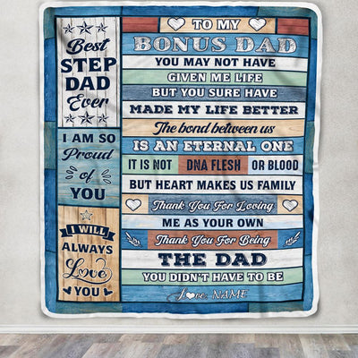 Personalized To My Bonus Dad Blanket From Step Daughter Son Wood Best Gifts For Great Stepdad Birthday Fathers Day Christmas Customized Fleece Throw Blanket | teecentury