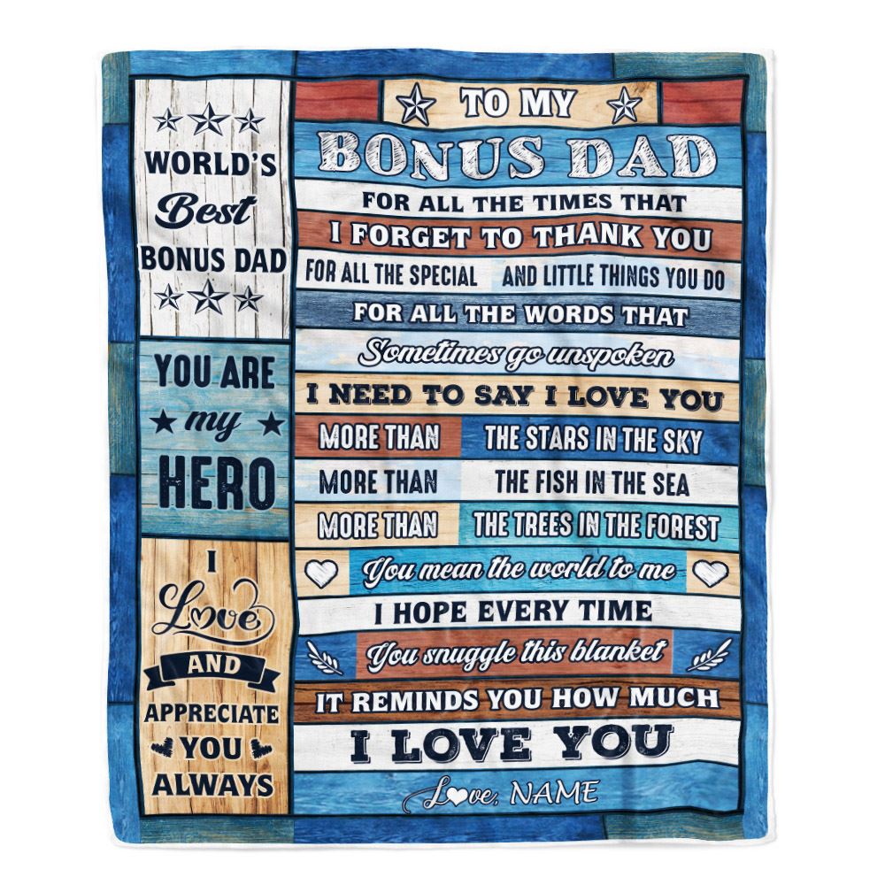 Personalized To My Bonus Dad Blanket From Stepson Stepdaughter Wood Best Gifts For Great Stepdad Birthday Fathers Day Christmas Customized Fleece Blanket | teecentury