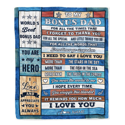 Personalized To My Bonus Dad Blanket From Stepson Stepdaughter Wood Best Gifts For Great Stepdad Birthday Fathers Day Christmas Customized Fleece Blanket | teecentury