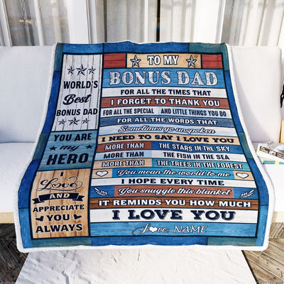 Personalized To My Bonus Dad Blanket From Stepson Stepdaughter Wood Best Gifts For Great Stepdad Birthday Fathers Day Christmas Customized Fleece Blanket | teecentury