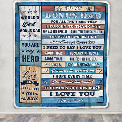 Personalized To My Bonus Dad Blanket From Stepson Stepdaughter Wood Best Gifts For Great Stepdad Birthday Fathers Day Christmas Customized Fleece Blanket | teecentury