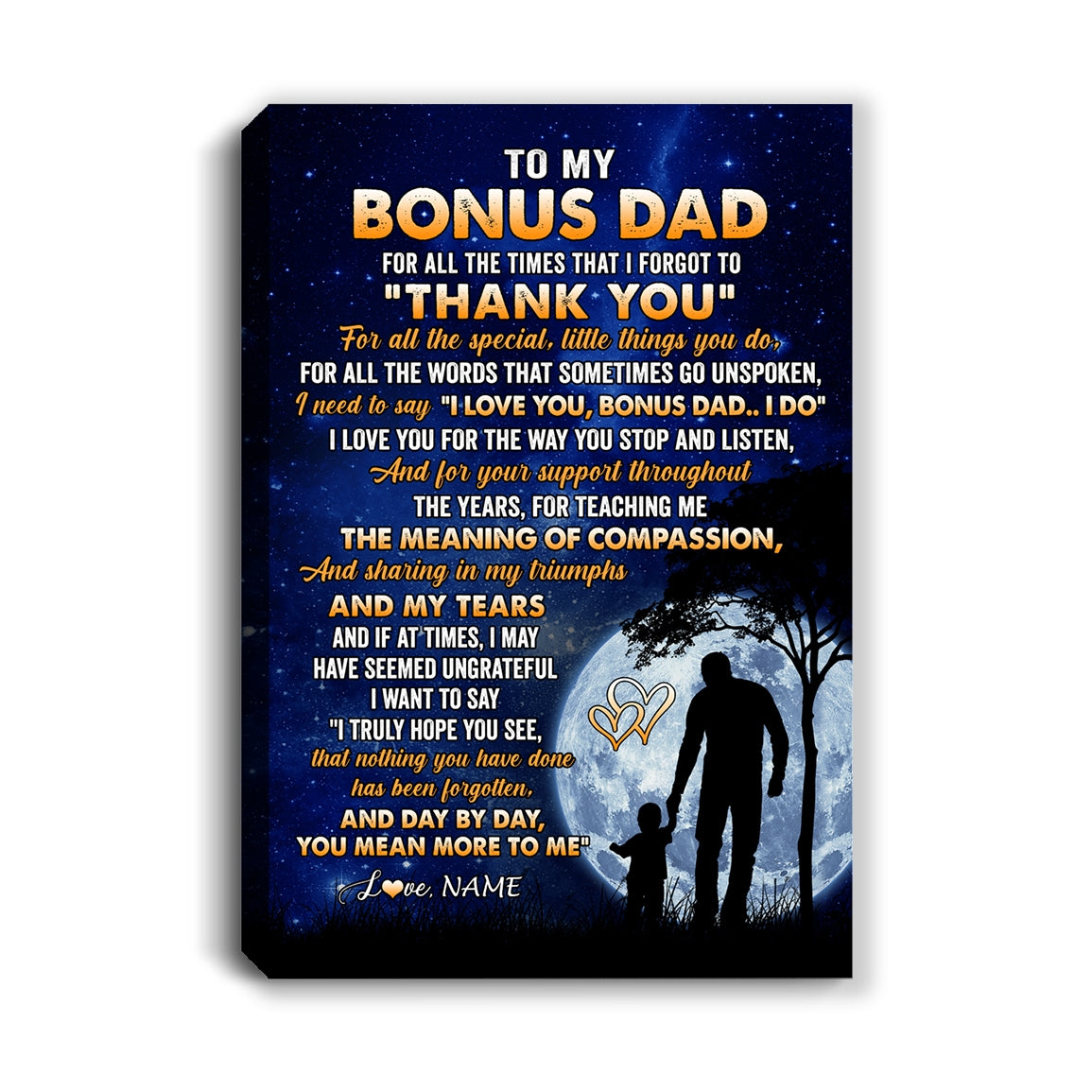 Personalized To My Bonus Dad Canvas From Stepdaughter Stepson Thank You Grateful Love Stepdad Birthday Gifts Fathers Day Christmas Custom Wall Art Print Framed Canvas | teecentury