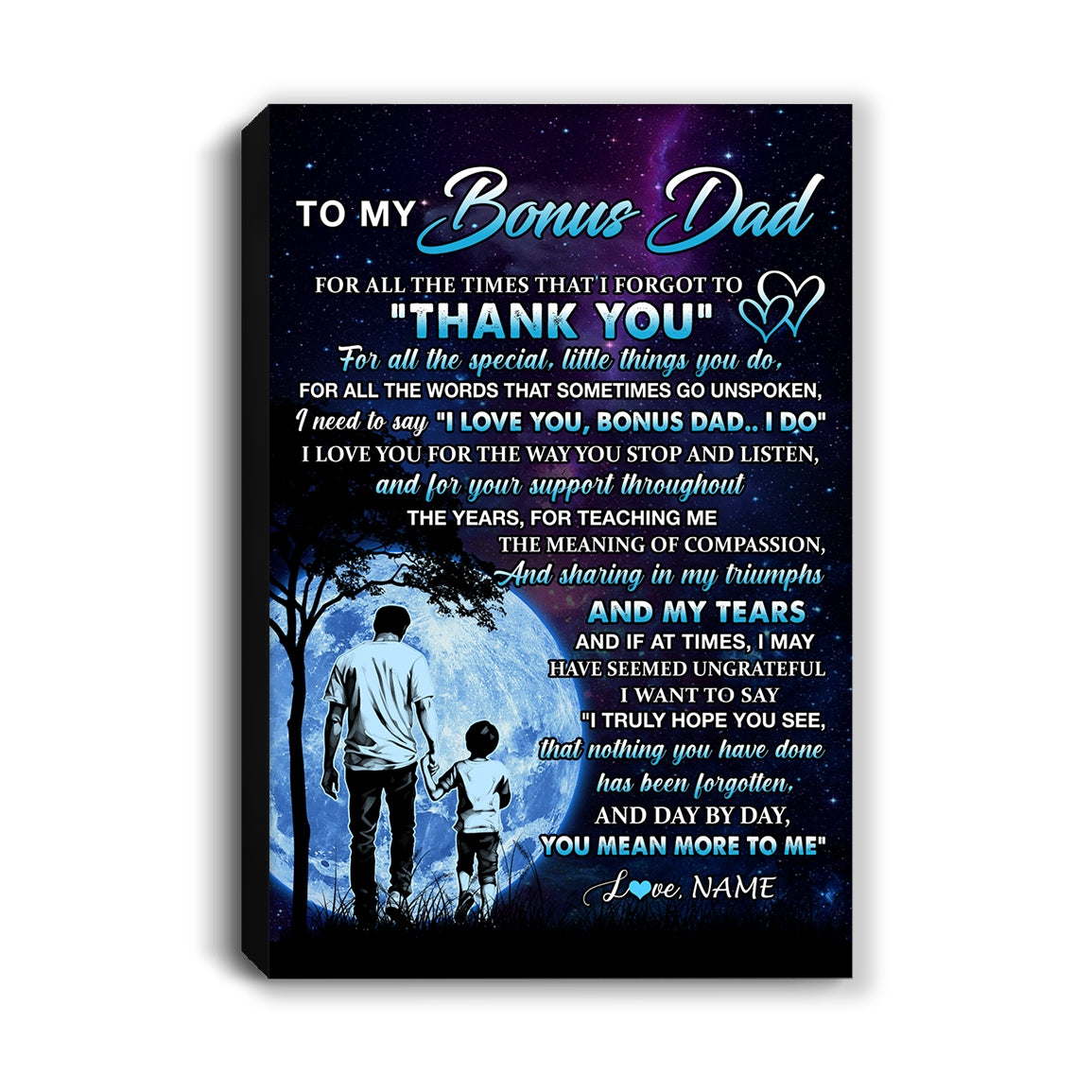 Personalized To My Bonus Dad Canvas From Stepson Thank You Day By Day Stepdad Birthday Fathers Day Thanksgiving Christmas Custom Wall Art Print Framed Canvas | teecentury