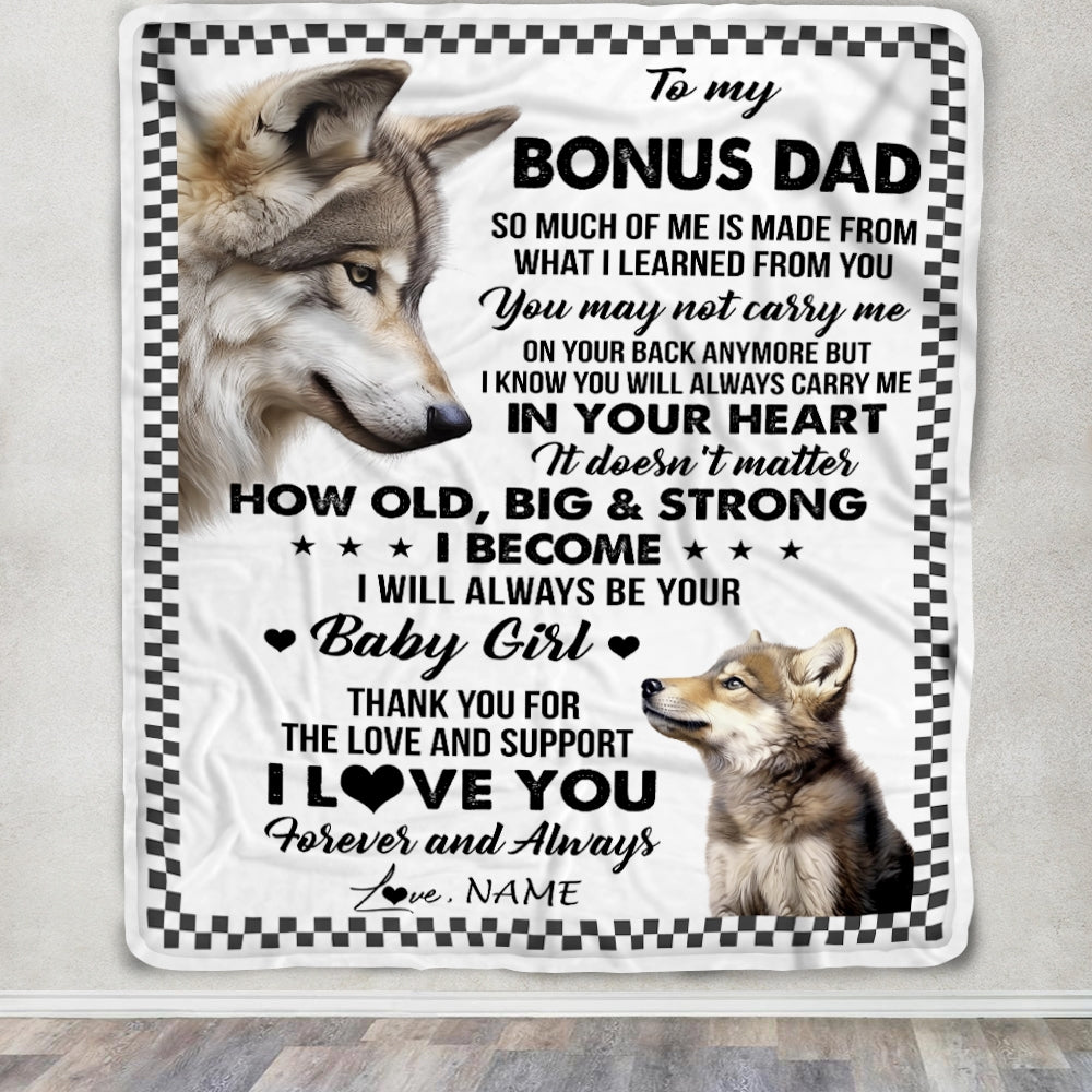 Personalized To My Bonus Dad From Step Daughter Blanket Wolf Always Be Your Little Girl Stepdad Mothers Day Birthday Christmas Gift Customized Fleece Blanket | teecentury