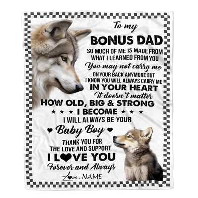Personalized To My Bonus Dad From Step Son Blanket Wolf Always Be Your Little Boy Stepdad Mothers Day Birthday Christmas Gift Customized Fleece Throw Blanket | teecentury