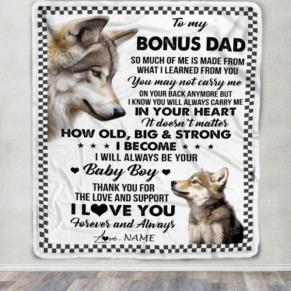 Personalized To My Bonus Dad From Step Son Blanket Wolf Always Be Your Little Boy Stepdad Mothers Day Birthday Christmas Gift Customized Fleece Throw Blanket Teecentury