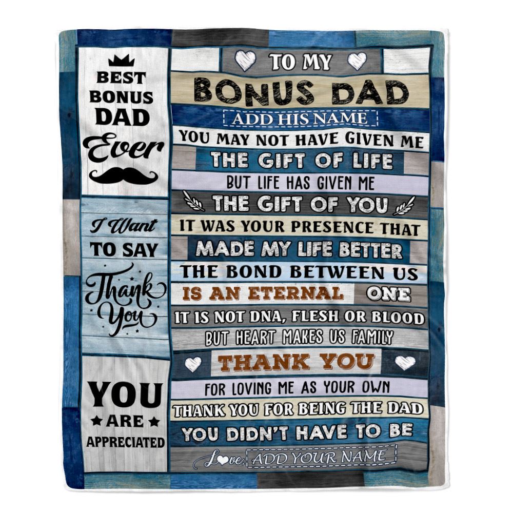 Personalized To My Bonus Dad Gifts Blanket From Daughter Son Wood Thank You Step Up Dad Stepdad Birthday Gifts Fathers Day Christmas Customized Fleece Blanket | teecentury