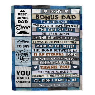 Personalized To My Bonus Dad Gifts Blanket From Daughter Son Wood Thank You Step Up Dad Stepdad Birthday Gifts Fathers Day Christmas Customized Fleece Blanket | teecentury