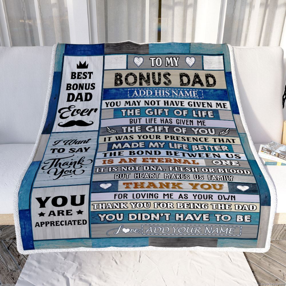 Personalized To My Bonus Dad Gifts Blanket From Daughter Son Wood Thank You Step Up Dad Stepdad Birthday Gifts Fathers Day Christmas Customized Fleece Blanket | teecentury
