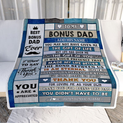 Personalized To My Bonus Dad Gifts Blanket From Daughter Son Wood Thank You Step Up Dad Stepdad Birthday Gifts Fathers Day Christmas Customized Fleece Blanket | teecentury
