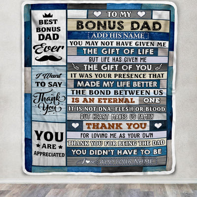 Personalized To My Bonus Dad Gifts Blanket From Daughter Son Wood Thank You Step Up Dad Stepdad Birthday Gifts Fathers Day Christmas Customized Fleece Blanket | teecentury