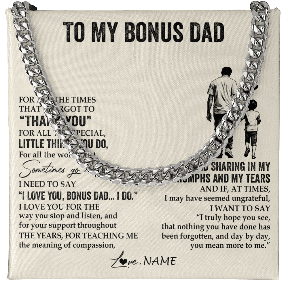 Cuban Link Chain Necklace Stainless Steel | 1 | Personalized To My Bonus Dad Necklace From Stepson For All The Times That I Forgot To Thank You Birthday Fathers Day Christmas Customized Gift Box Message Card | teecentury