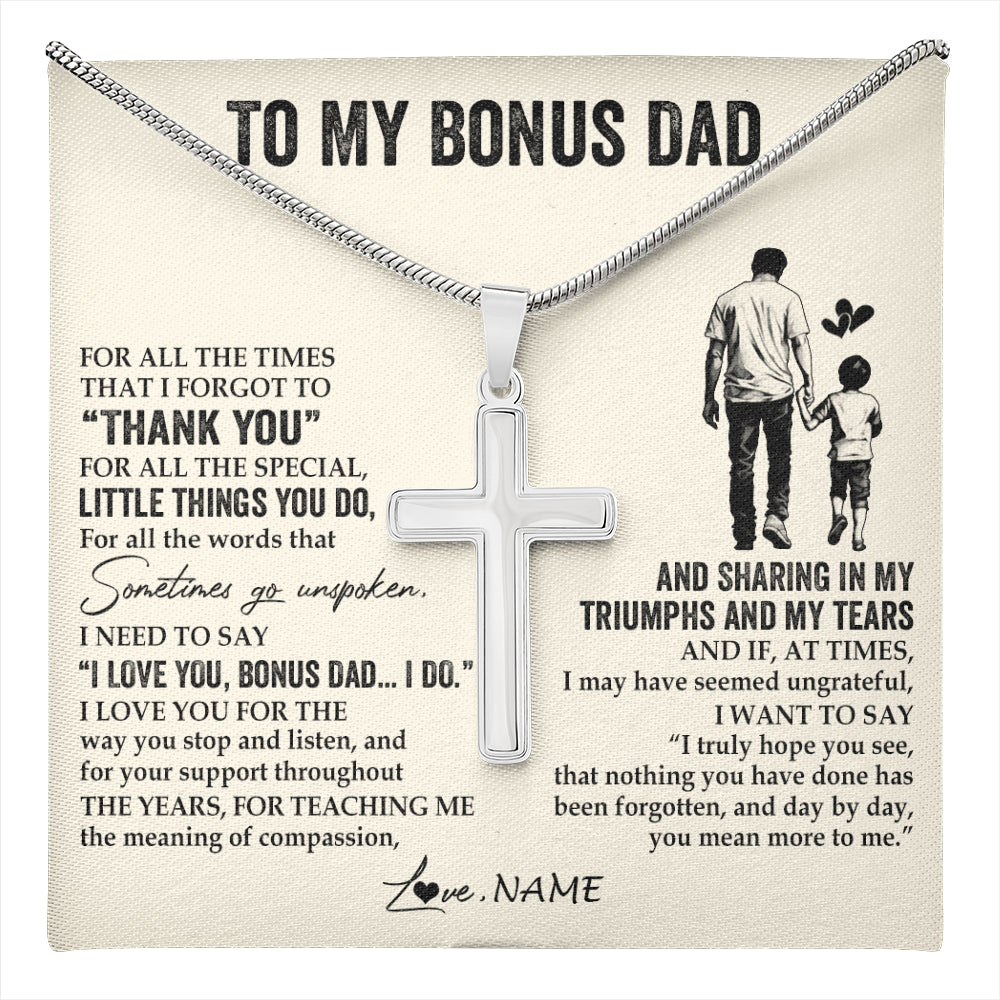 Stainless Cross Necklace Stainless Steel | 1 | Personalized To My Bonus Dad Necklace From Stepson For All The Times That I Forgot To Thank You Birthday Fathers Day Christmas Customized Gift Box Message Card | teecentury