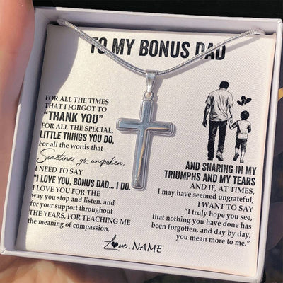 Stainless Cross Necklace Stainless Steel | 2 | Personalized To My Bonus Dad Necklace From Stepson For All The Times That I Forgot To Thank You Birthday Fathers Day Christmas Customized Gift Box Message Card | teecentury
