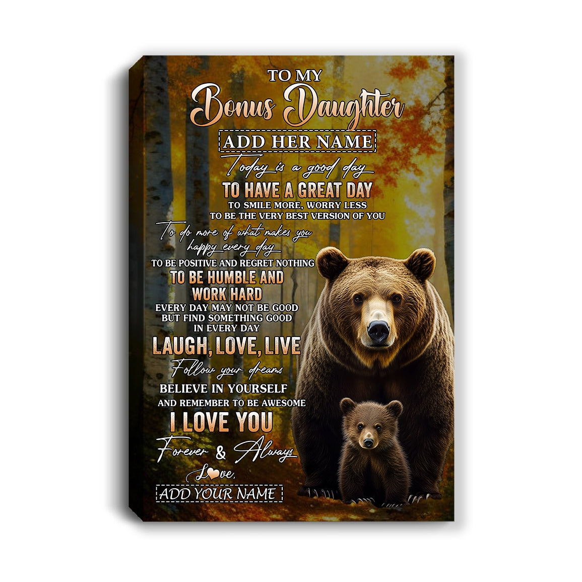 Personalized To My Bonus Daughter Bear Canvas From Stepmom Stepdad Every Day Laugh Love Live Stepdaughter Birthday Gifts Christmas Custom Wall Art Framed Canvas | teecentury