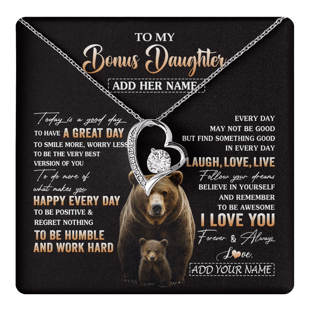 Forever Love Necklace 14K White Gold Finish | 1 | Personalized To My Bonus Daughter Bear Necklace From Stepmom Every Day Laugh Love Live Stepdaughter Birthday Gifts Christmas Custom Gift Box Message Card | https://teecentury.