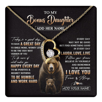 Forever Love Necklace 18K Yellow Gold Finish | 1 | Personalized To My Bonus Daughter Bear Necklace From Stepmom Every Day Laugh Love Live Stepdaughter Birthday Gifts Christmas Custom Gift Box Message Card | https://teecentury.