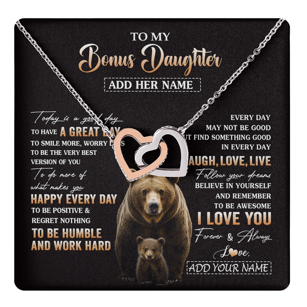 Interlocking Hearts Necklace Stainless Steel & Rose Gold Finish | 1 | Personalized To My Bonus Daughter Bear Necklace From Stepmom Every Day Laugh Love Live Stepdaughter Birthday Gifts Christmas Custom Gift Box Message Card | https://teecentury.