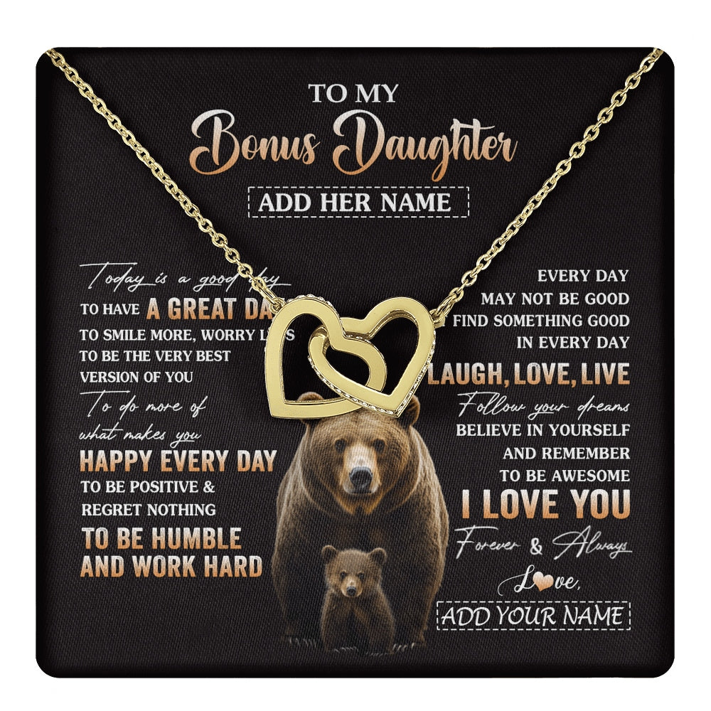 Interlocking Hearts Necklace 18K Yellow Gold Finish | 1 | Personalized To My Bonus Daughter Bear Necklace From Stepmom Every Day Laugh Love Live Stepdaughter Birthday Gifts Christmas Custom Gift Box Message Card | https://teecentury.
