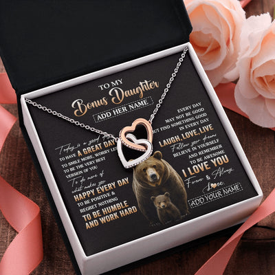 Interlocking Hearts Necklace Stainless Steel & Rose Gold Finish | 2 | Personalized To My Bonus Daughter Bear Necklace From Stepmom Every Day Laugh Love Live Stepdaughter Birthday Gifts Christmas Custom Gift Box Message Card | https://teecentury.