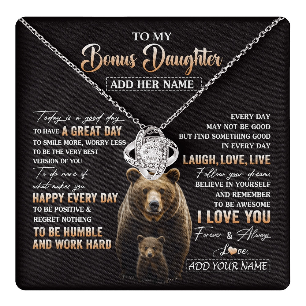 Love Knot Necklace 14K White Gold Finish | 1 | Personalized To My Bonus Daughter Bear Necklace From Stepmom Every Day Laugh Love Live Stepdaughter Birthday Gifts Christmas Custom Gift Box Message Card | https://teecentury.