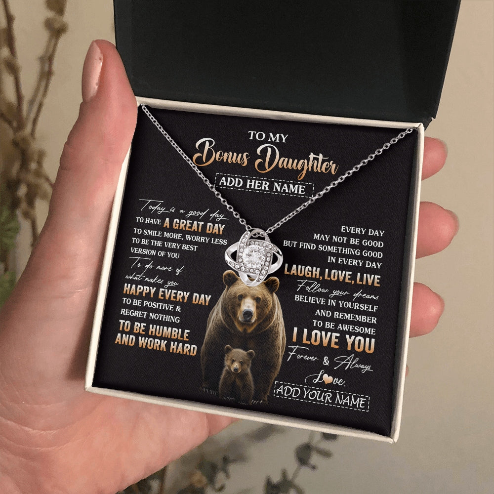 Love Knot Necklace 14K White Gold Finish | 2 | Personalized To My Bonus Daughter Bear Necklace From Stepmom Every Day Laugh Love Live Stepdaughter Birthday Gifts Christmas Custom Gift Box Message Card | https://teecentury.