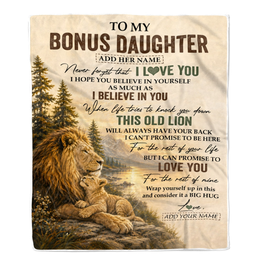 Personalized To My Bonus Daughter Birthday Gifts From Stepdad This Old Lion Blanket Stepdaughter Gifts Graduation Christmas Gift Ideas Women Fleece Blanket | teecentury