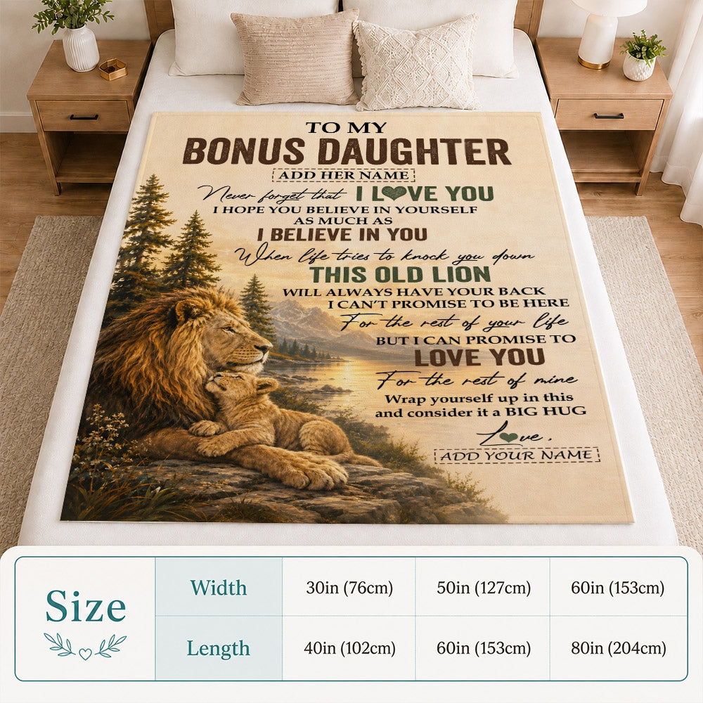 Personalized To My Bonus Daughter Birthday Gifts From Stepdad This Old Lion Blanket Stepdaughter Gifts Graduation Christmas Gift Ideas Women Fleece Blanket | teecentury