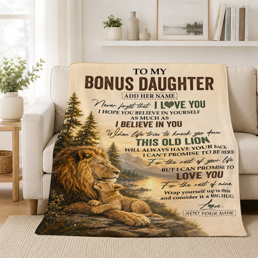 Personalized To My Bonus Daughter Birthday Gifts From Stepdad This Old Lion Blanket Stepdaughter Gifts Graduation Christmas Gift Ideas Women Fleece Blanket | teecentury