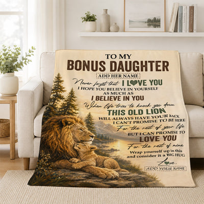 Personalized To My Bonus Daughter Birthday Gifts From Stepdad This Old Lion Blanket Stepdaughter Gifts Graduation Christmas Gift Ideas Women Fleece Blanket | teecentury