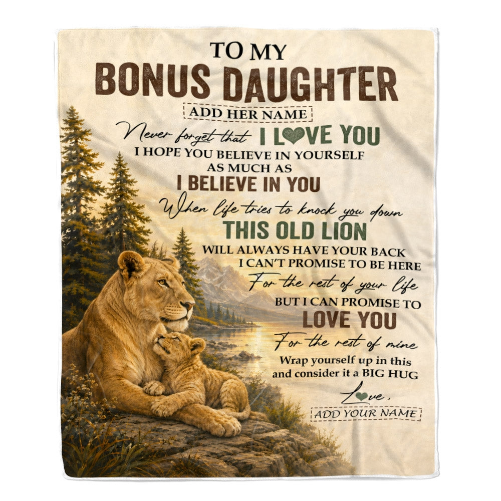 Personalized To My Bonus Daughter Birthday Gifts From Stepmom This Old Lion Blanket Stepdaughter Gifts Graduation Christmas Gift Ideas Women Fleece Blanket | teecentury