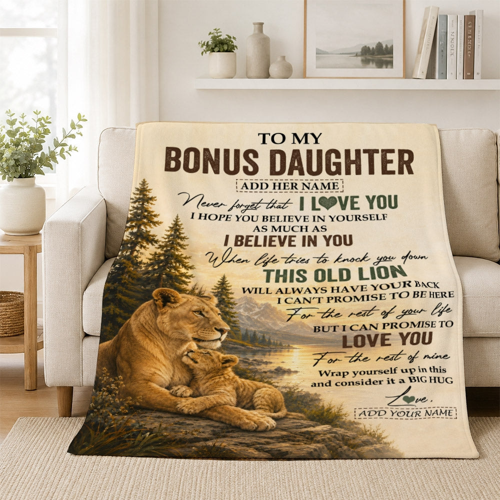 Personalized To My Bonus Daughter Birthday Gifts From Stepmom This Old Lion Blanket Stepdaughter Gifts Graduation Christmas Gift Ideas Women Fleece Blanket | teecentury