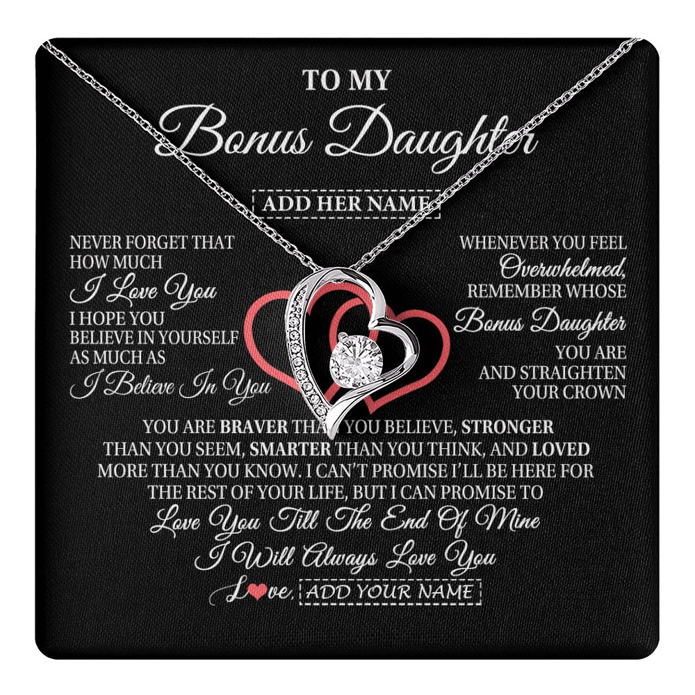 Forever Love Necklace 14K White Gold Finish | 1 | Personalized To My Bonus Daughter Birthday Gifts From Stepmother Stepdad Always Love You Stepdaughter Gifts Necklace Christmas Custom Gift Box Message Card | teecentury.myshopify